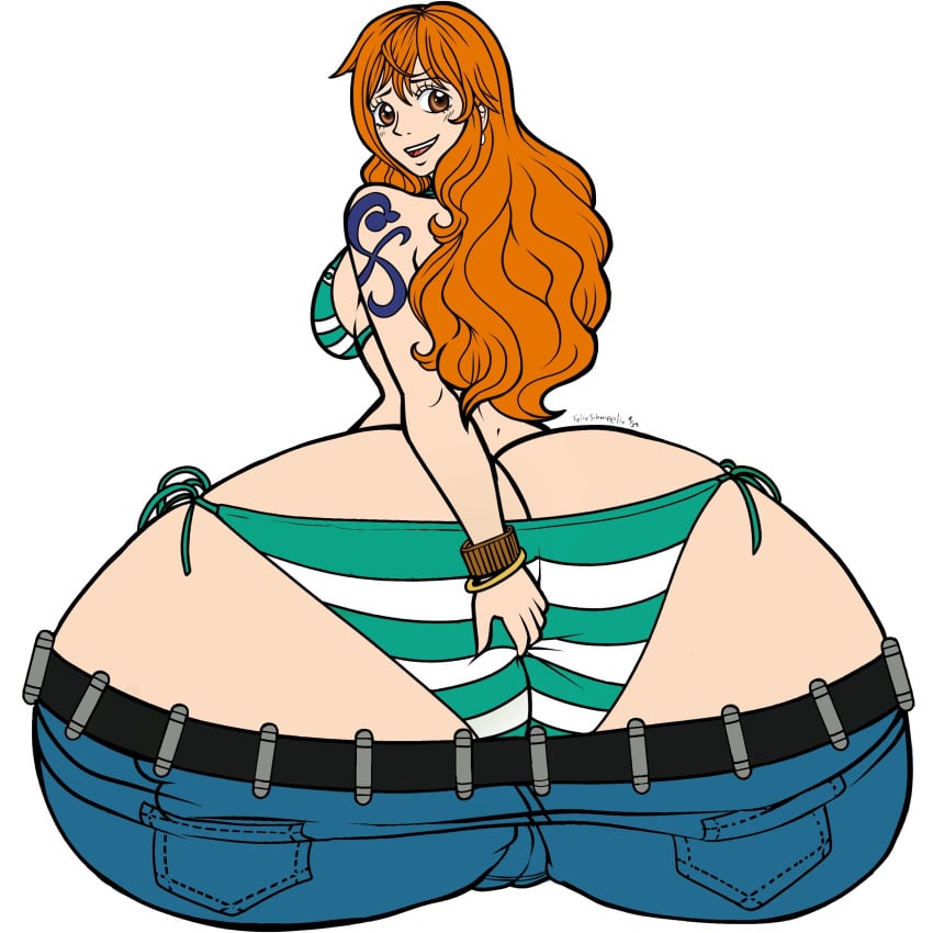 1girls 2023 ass_cleavage big_ass bikini edit edited felixschmeelix female female_only gigantic_ass huge_ass hyper_ass jeans long_hair massive_ass nami nami_(one_piece) one_piece orange_hair post-timeskip striped_bikini