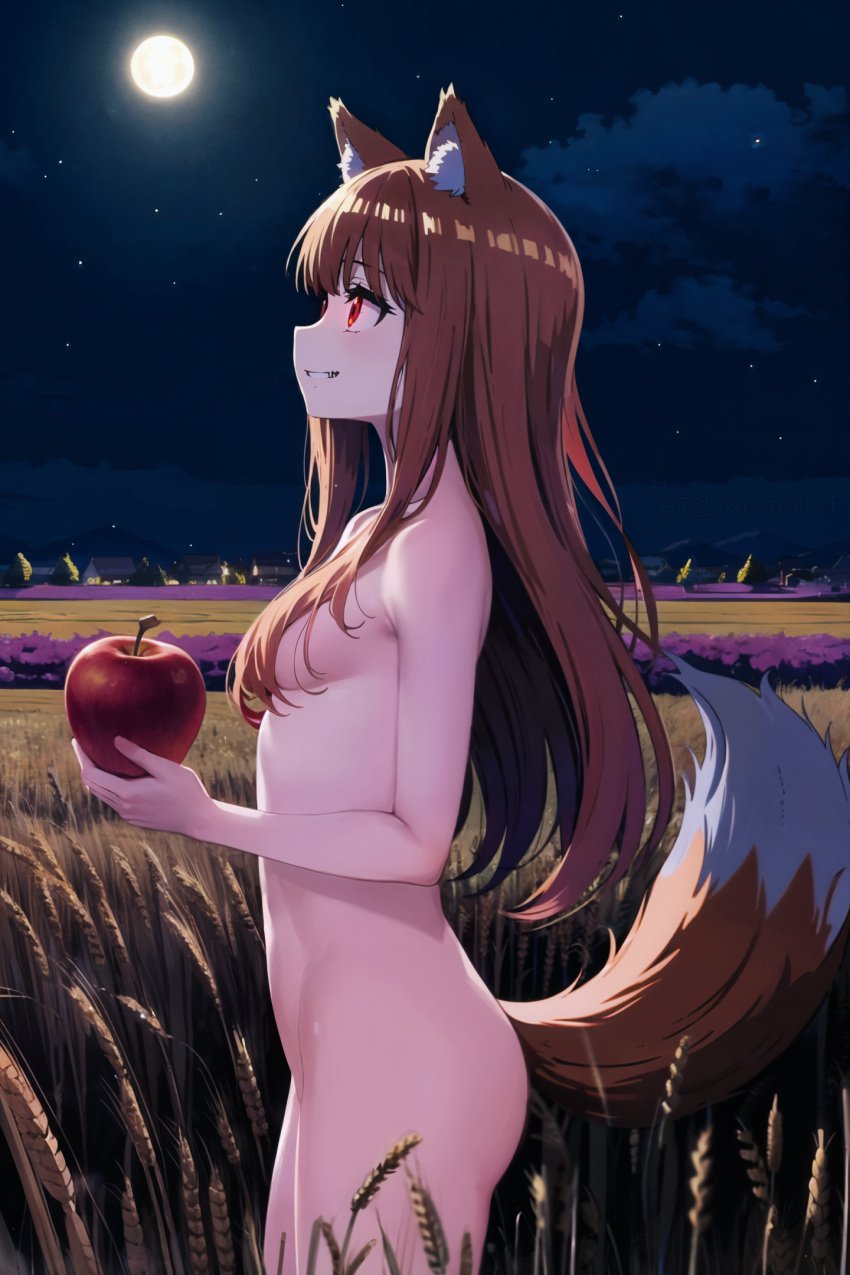 ai_generated animal_ears ap2-ai-artist apple brown_hair completely_naked completely_nude covered_breasts female from_side full_moon hair_over_breasts hi_res high_resolution holding_apple holding_object holo long_hair moon naked night nude orange_hair red_eyes spice_and_wolf white_skin white_skinned_female wolf_ears wolf_girl wolf_tail