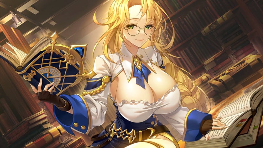 action_taimanin blonde_hair book emily_simmons game_cg glasses mature_female official_art taimanin_(series) taimanin_asagi witch_costume