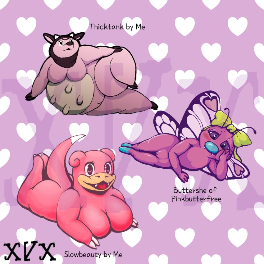 anthro butterfree buttershe female generation_1_pokemon generation_2_pokemon group hi_res miltank nintendo pokemon pokemon_(species) slowpoke trio xxvvxx