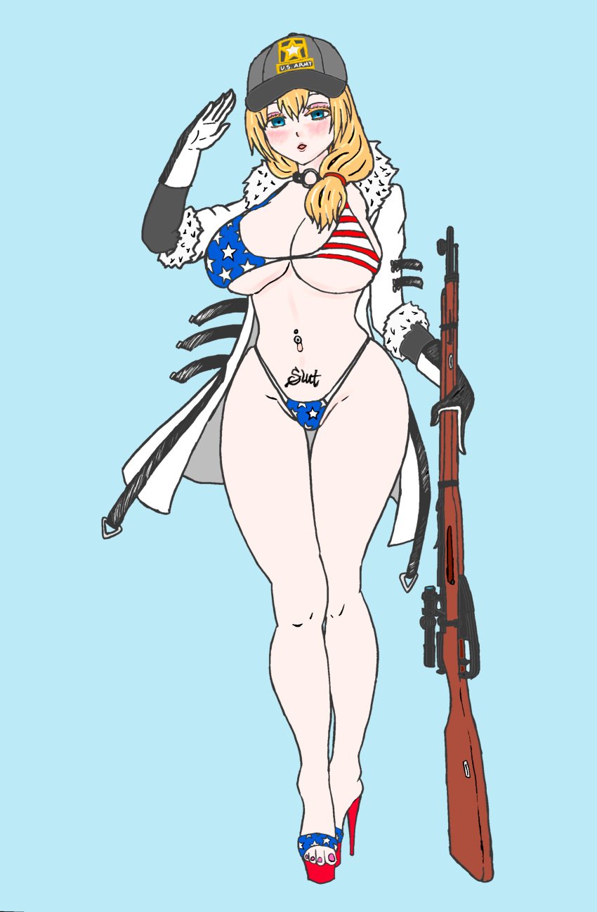 1girls american_flag_bikini army_hat baseball_cap bimbo bimbofication blonde_hair blue_eyes collar female girls'_frontline gloves gun high_heel_sandals high_heels highleg_bikini holding_gun hooded_jacket large_breasts mosin-nagant mosin-nagant_(girls'_frontline) navel navel_piercing platform_heels pubic_tattoo rifle salute side_ponytail slut slut_tattoo tattoo toenail_polish underboob wide_hips