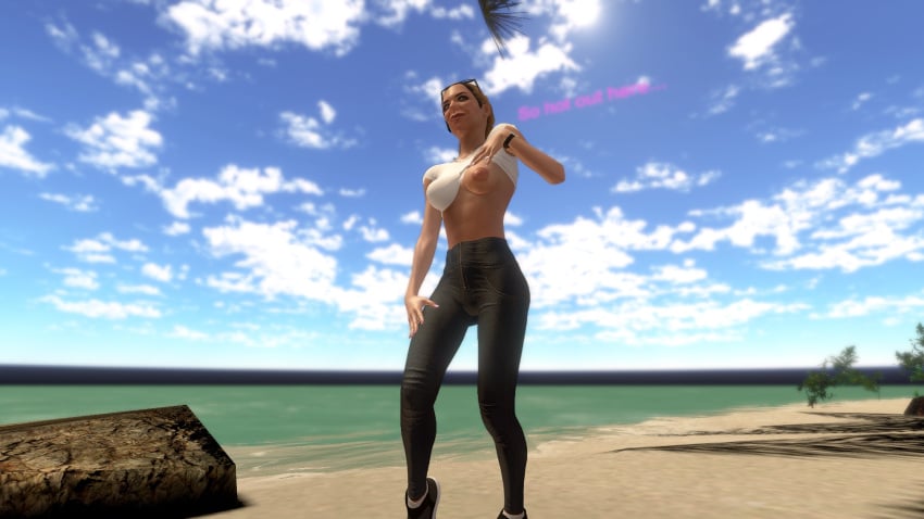 beach braless exposing female female_focus female_only flashing jasko(pj-jp) medium_breasts partially_clothed pj-jp pose sunglasses sunglasses_on_head text virt-a-mate