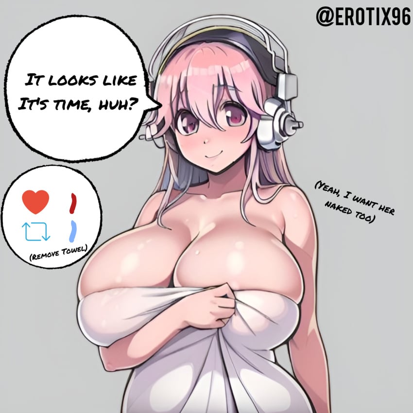 ai_generated almost_naked big_ass big_breasts blush breast_press breasts breasts_bigger_than_head cleavage collarbone covering covering_breasts curvy cute erotix96 female gigantic_breasts hair_between_eyes headphones huge_breasts long_hair looking_at_viewer nitroplus pink_eyes pink_hair shy solo sonico speech_bubble strip_game super_sonico super_sonico_(series) thick_thighs towel voluptuous voluptuous_female