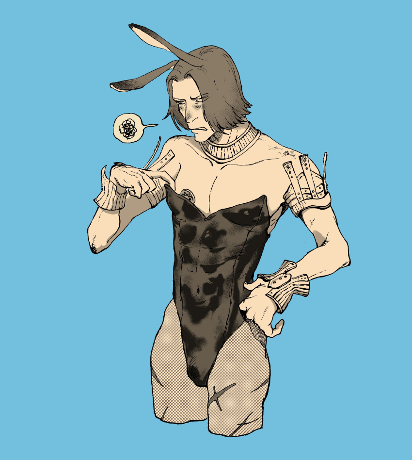 adjusting_clothes annoyed armor blue_background blush bulge bunny_boy bunny_ears bunnysuit crossdressing dark_souls embarrassed fishnets fromsoftware kemutai knight_lautrec_of_carim male male_only male_playboy_bunny manly_crossdresser masculine money money_under_clothes scars solo