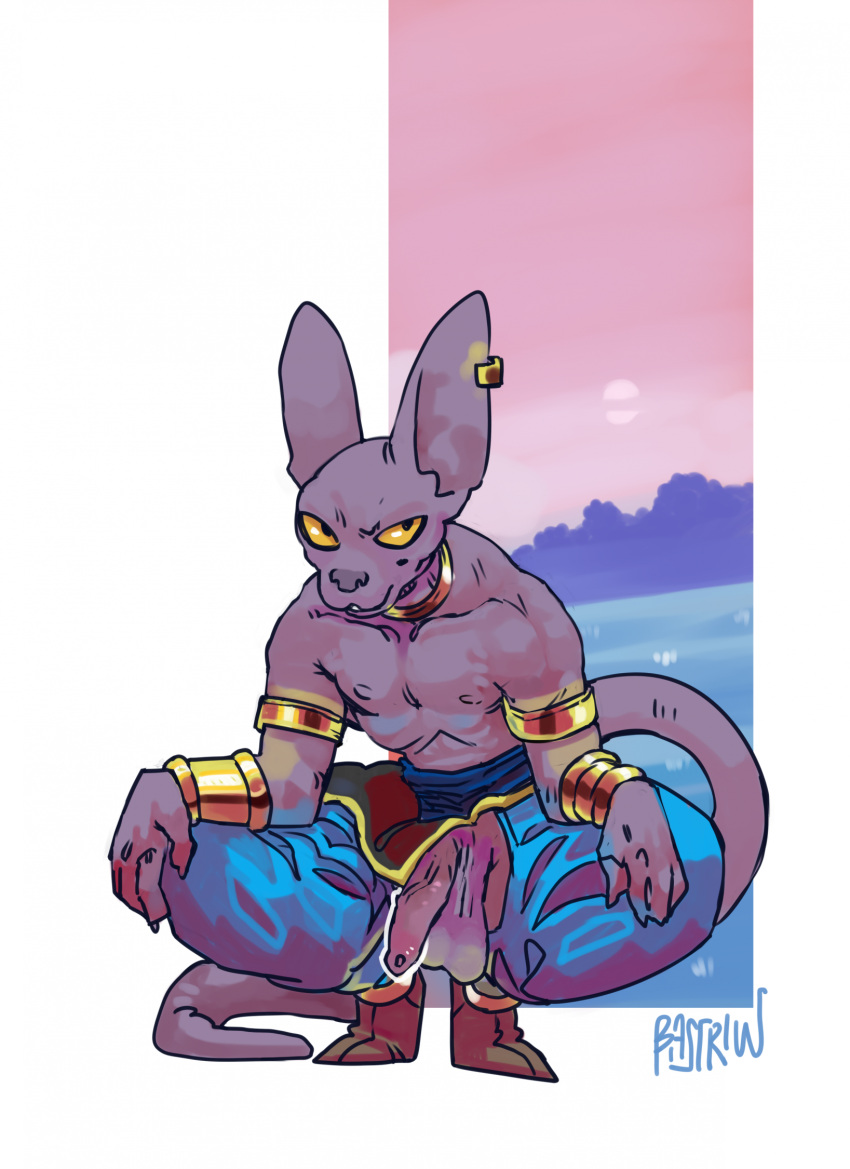 bastriw beerus bottomwear clothed clothing domestic_cat dragon_ball dragon_ball_super felid feline felis flaccid genitals hi_res looking_at_viewer male male_only mammal muscular muscular_male open_bottomwear open_clothing open_pants pants partially_clothed penis solo solo_male yellow_eyes