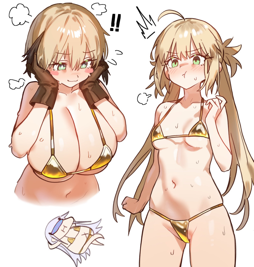 2girls artoria_pendragon artoria_pendragon_(caster) bikini blonde_hair blush breast_envy breast_size_difference breasts ebora embarrassed fate/grand_order fate_(series) female gareth_(fate) green_eyes hi_res huge_breasts light-skinned_female light_skin petite short_hair small_breasts twintails youngmanisdown