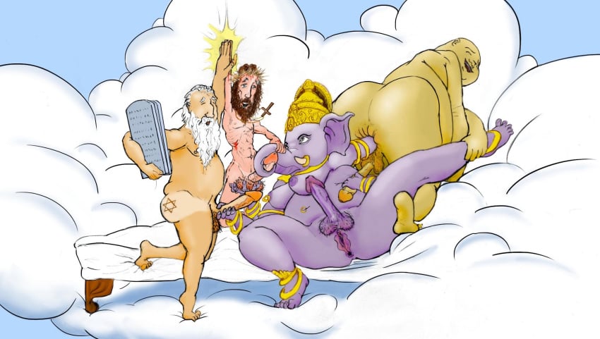 anal anal_fisting anthro anus beard bed blood bracelet breasts buddha christianity chubby closed_eyes cloud deity elephant facial_hair fisting foursome futanari ganesha group group_sex handjob herm high_five hindu human human_on_anthro humor intersex interspecies jesus_christ jewelry leg_grab male mammal moses multi_arm multi_limb navel_piercing on_bed open_mouth penis piercing pubes public_domain pussy religion sacrilegious sex tan_line tattoo the_onion trunk unknown_artist