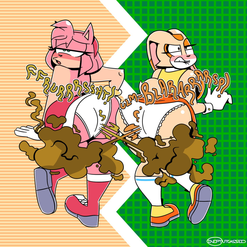 2girls amy_rose anthro ass ass ass_focus big_ass big_butt blush blush bubble_ass bubble_butt butt_focus cream_the_rabbit fart fart_cloud fart_fetish farting farting_together farts furry gassy hedgehog huge_ass huge_butt ineptoutcast ineptoutgassed panties pink_fur rabbit sega sonic_(series) sonic_the_hedgehog_(series) upskirt white_panties