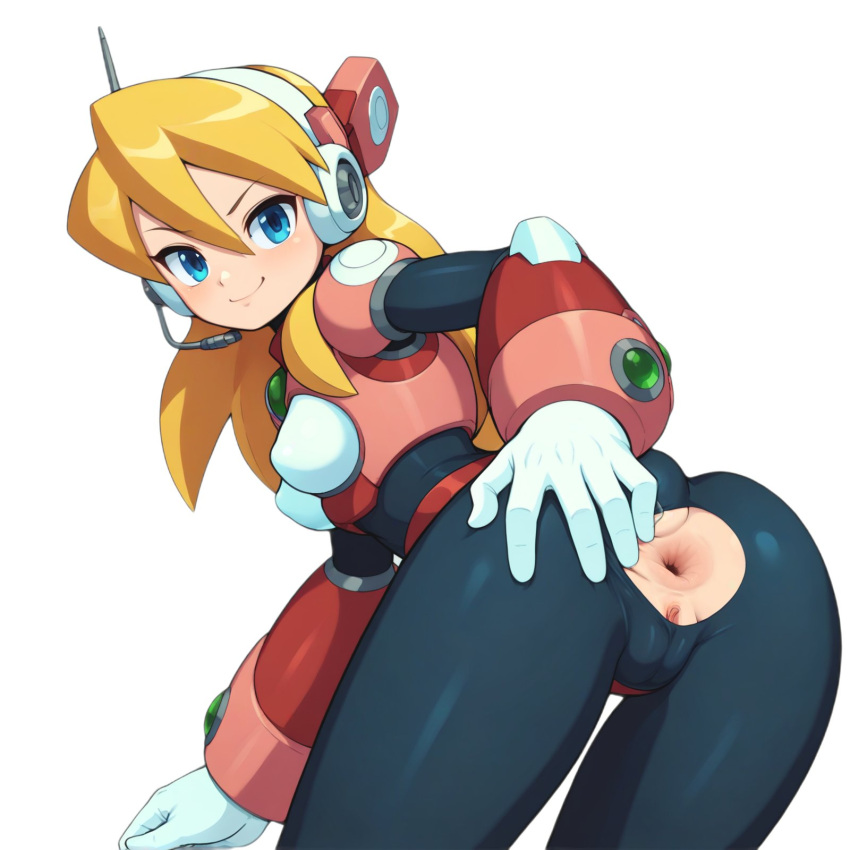 alia anus anus_peek armor ass_focus back_view blonde_hair blue_eyes bodysuit grabbing_own_ass headphones hole_in_pants long_hair mega_man mega_man_x robot_girl robot_humanoid showing_ass smile smiley_face tagme