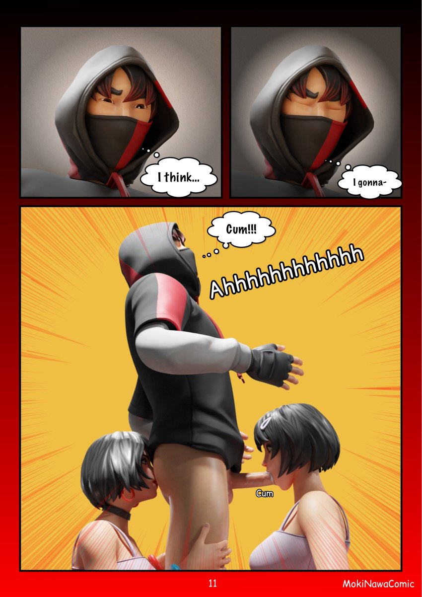 1boy 2girls comic dialogue english_text evie_(fortnite) female fortnite ikonik male mokinawa page_11 page_number text