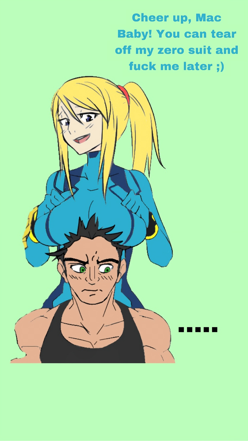 big_breasts bimbo blonde_hair breasts breasts_on_head cute green_eyes little_mac metroid milf muscular plain_background playful samus_aran tank_top teasing text zero_suit zero_suit_samus