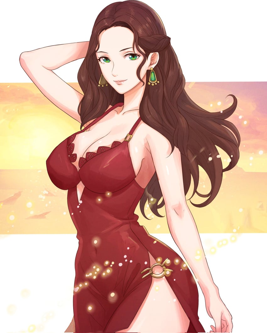 1girls alternate_costume arm_behind_head arm_up ass breasts brown_hair cleavage collarbone covered_navel covered_nipples dorothea_arnault dress earrings female female_only fire_emblem fire_emblem:_three_houses green_eyes highres jewelry large_breasts legs light-skinned_female light_skin long_hair looking_at_viewer nintendo red_dress side_slit small_waist smile solo thighs truejekart