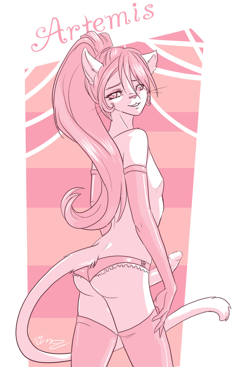 1boy anthro artemis_tsukino ass clothed clothing color detailed erection feline girly gloves hair half-dressed legwear long_hair lying male male_only mammal mingchee on_side penis pink_theme sketch smile solo text topless trap underwear