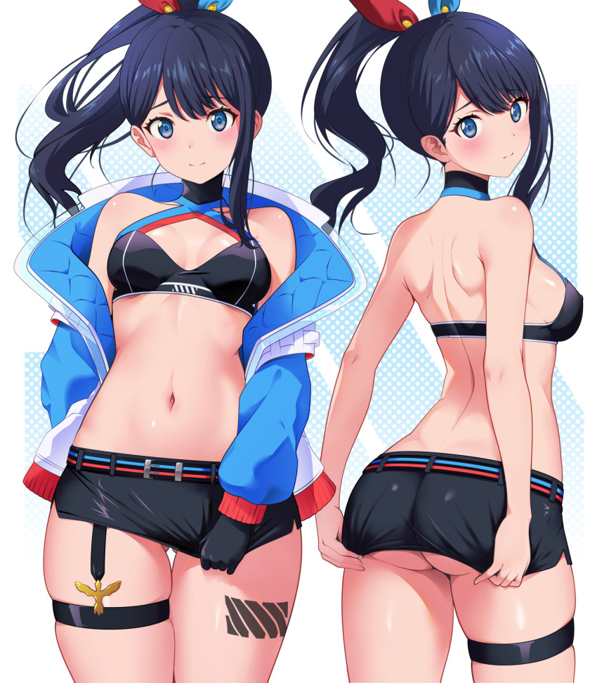 1girls adjusting_clothes ass back back_view backboob belt belt_buckle black_hair black_skirt blue_eyes blush bottomwear breasts cleavage criss-cross_halter criss_cross_top cross_halter_bikini female female_only fully_clothed hair hair_ornament halter_bikini jacket legwear medium_breasts microskirt miniskirt nanikairu open_jacket pasya-pasya pencil_skirt pixiv ponytail revealing_clothes skimpy skimpy_clothes skirt smile solo solo_female ssss.gridman takarada_rikka thick_thighs thigh_gap thigh_strap thighs topwear tugging_clothing