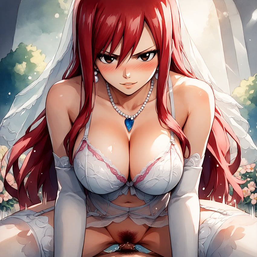 ai_generated bridal_lingerie cleavage elbow_gloves erza_scarlet fairy_tail intense_stare large_breasts looking_at_viewer payop pony_diffusion_xl pov seductive stockings vaginal_penetration vaginal_sex wedding_dress