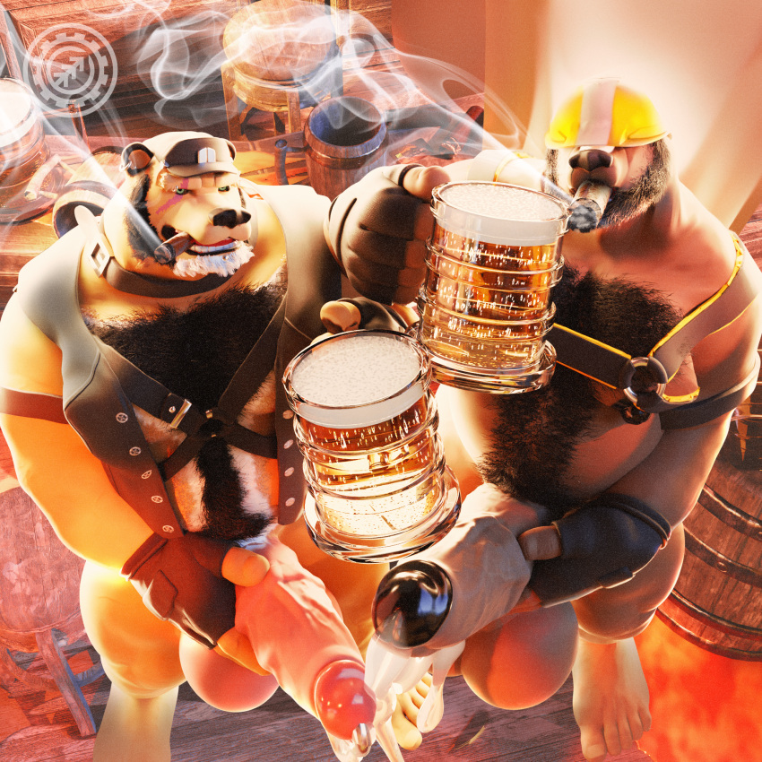 3d_(artwork) alcohol anthro arm_strap armor balls bar barazoku bear beard beer beer_glass beer_keg belly beverage big_balls big_penis black_nose blender_(artwork) blender_(disambiguation) bodily_fluids body_hair brent_(n0rdbara) chest_hair cigar clothing collar cum detailed_background digital_media_(artwork) drinking duo ejaculation erection facial_hair fingerless_gloves fur furniture genital_fluids genital_piercing genitals gloves hair handwear hard_hat harness hat headgear headwear helmet hi_res huge_balls huge_cock humanoid_genitalia humanoid_penis hybrid hyper hyper_genitalia hyper_penis lit_cigar looking_at_viewer male male/male mammal markings mephitid multicolored_body multicolored_fur muscular muscular_anthro muscular_male n0rdbara nipples nude obscured_eyes open_mouth overweight overweight_anthro overweight_male pecs penis penis_piercing piercing pub riseson scar skunk smoking stool straps vein veiny_penis