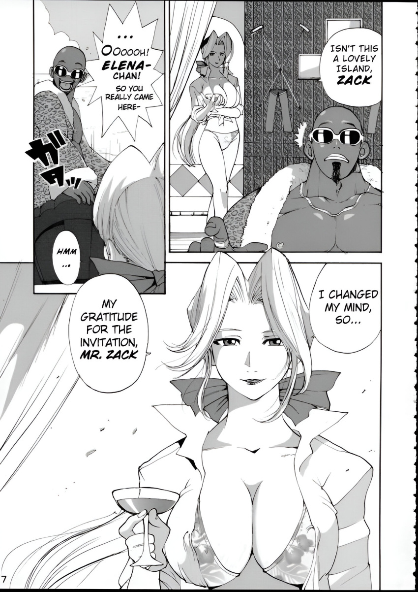 1boy 1girls 2002 athletic athletic_female athletic_male bald bald_man big_breasts bikini bikini_bottom black_and_white breasts busty cleavage clothed clothed_female clothing comic dark-skinned_male dark_skin dead_or_alive dead_or_alive_xtreme_beach_volleyball dialogue doujin doujinshi erect_nipples female goatee harem helena_douglas hourglass_figure kamitsuki_manmaru light-skinned_female light_skin long_hair male monochrome muscle_tone necklace nipple_bulge page_7 pecs ponytail shirt sleeves_rolled_up speech_bubble sunglasses survivor!!_(dead_or_alive_xtreme_beach_volleyball)_(comic) tagme tied_shirt toned toned_male wide_hips zack_(dead_or_alive)