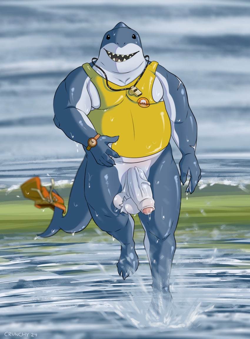 1boy anthro ball_tuft balls belly biceps big_balls big_muscles big_penis bodily_fluids bottomwear bottomwear_down claws clock clothing crunchychip epic_games erection fin fish foreskin fortnite genitals glistening glistening_body hi_res humanoid_genitalia lifeguard male male_only marine markings muscular muscular_anthro muscular_male pecs penis running safety_first_steve_(fortnite) saggy_balls sea shark sharp_teeth shirt smile solo solo_focus solo_male sweat sweatdrop tail tank_top teeth topwear tuft vein veiny_penis watch water whistle_(object)