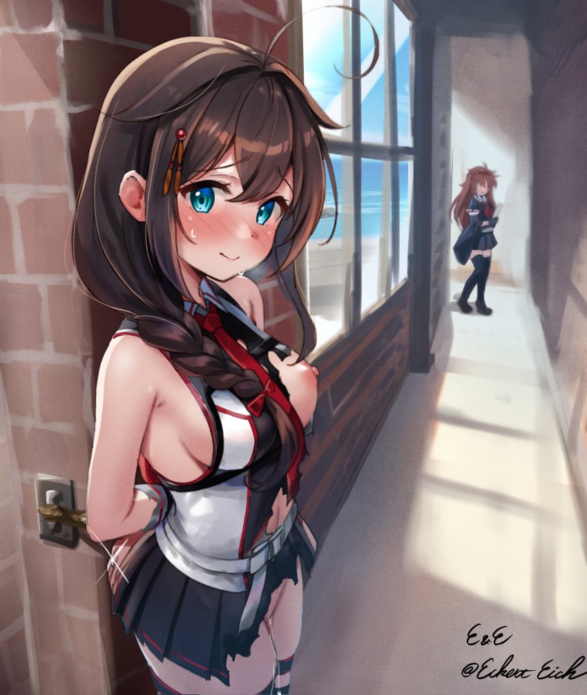 2girls absurdres ahoge arms_behind_back belt black_shirt black_skirt blue_eyes blush braid breasts brown_hair chest_harness commentary_request commission eckert&eich glint hair_between_eyes hair_flaps hair_ornament hair_over_shoulder hairpin hallway harness highres indoors jewelry kantai_collection long_hair looking_at_viewer medium_breasts multiple_girls necktie neglect_play nipples pleated_skirt public_indecency public_nudity pussy_juice red_necktie ring shigure_(kantai_collection) shigure_kai_san_(kantai_collection) shiratsuyu_(kantai_collection) shiratsuyu_kai_ni_(kantai_collection) shirt single_braid skeb_commission skirt sleeveless sleeveless_shirt torn_clothes torn_shirt torn_skirt two-tone_shirt wedding_ring white_belt white_shirt