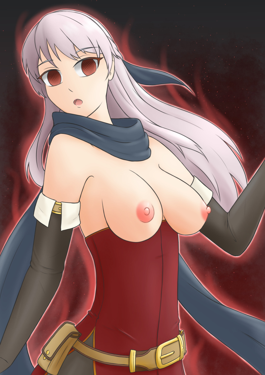 1girls armpits aura bare_shoulders black_background breasts breasts_out corruption dress elbow_gloves empty_eyes enbu female female_only fire_emblem fire_emblem:_radiant_dawn fire_emblem_engage gloves grey_hair long_hair looking_at_viewer medium_breasts micaiah_(fire_emblem) nintendo nipples open_mouth pantyhose red_aura red_eyes scarf shoulders silver_hair solo