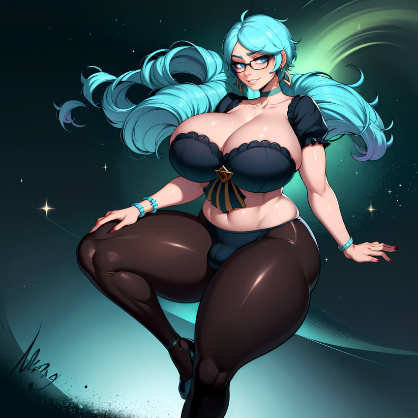 1futa ai_generated blue_eyes blue_hair bluecatrip bracelet bulge choker fit fit_female futa_only futanari gigantic_breasts glasses gwen_(league_of_legends) hand_on_knee heels huge_ass huge_breasts league_of_legends long_hair looking_at_viewer posing riot_games smile smiling_at_viewer solo stable_diffusion thick_thighs twin_drills