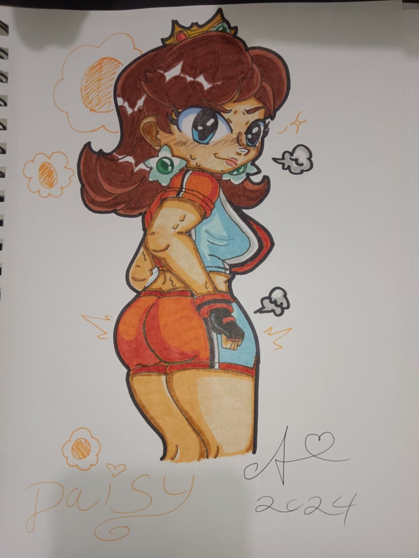 1girls ass daisy's_hot_stuff_(trend) female female_only mario_(series) mario_strikers mario_strikers_princess_daisy_side_view_redraw_(meme) meme orange_shorts princess_daisy screenshot_redraw super_mario_bros.