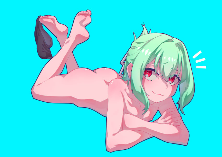 :3 ass ass_up blue_background feet feet_up femboy green_hair hej looking_at_viewer male_nipples naked_male otori-tan red_eyes seitokai_nimo_anawa_aru! underwear underwear_around_foot