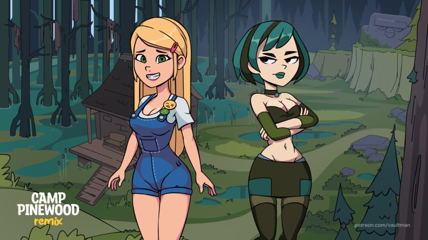 2girls adonis_belt black_eyes black_hair black_shirt blonde_hair boots braces button_badge camp_pinewood camp_pinewood_remix cleavage collar collarbone crop_top crossed_arms detached_sleeves eyebrows eyelashes forest game_cg green_eyes green_hair green_lipstick gwen_(tdi) hair_ornament hairpin large_breasts lips lipstick long_hair looking_at_viewer looking_away melinda_(vaultman) navel original_character overalls panties pink_hair pink_lipstick skirt small_waist smile stockings teeth thighhigh_boots thighs total_drama_island trees two_tone_hair vaultman waist water watermark white_shirt wide_hips