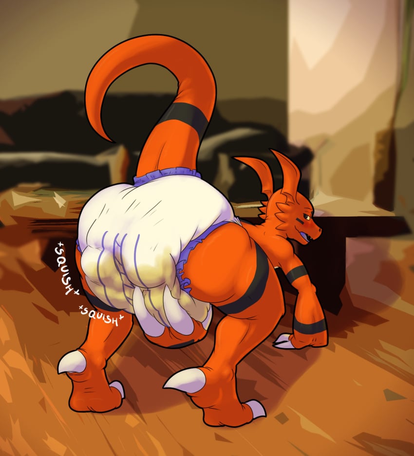 anthro diaper digimon guilmon horny male messy rub rubbing wet