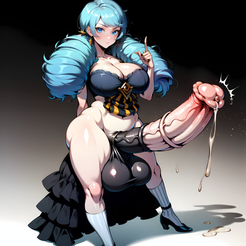 1futa ai_generated blue_eyes blue_hair bluecatrip cleavage cum cum_drip earrings futanari gigantic_penis gwen_(league_of_legends) hand_behind_back horse_penis horsecock horsecock_futanari huge_breasts human_with_animal_genitalia human_with_horsecock knees league_of_legends long_hair looking_at_viewer penis pointing_up precum serious shoes socks stable_diffusion thick_thighs twin_drills