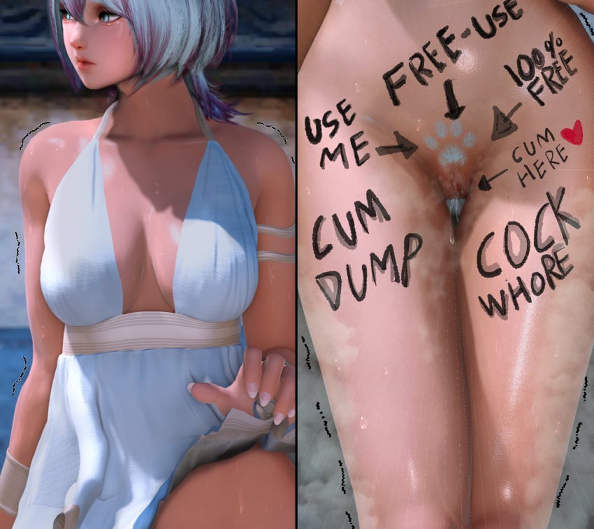 before_and_after body_writing cocotopia_ff cum_dump cumdump degradation female final_fantasy_xiv gpose(ffxiv) heat imminent_sex paw_pussy pubic_hair pussy pussy_juice_drip showing_off shy steaming_body sweat tagme trembling wet wet_pussy