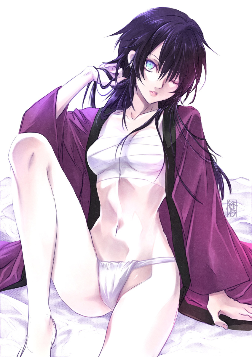 aqua_eyes cross_guilty dark_hair dark_purple_hair female female_only fundoshi genderswap_(mtf) gintama japanese_clothes kimono long_hair looking_at_viewer one_eye_closed open_kimono pale-skinned_female pale_skin purple_hair rule_63 sarashi sitting skinny slim_waist small_breasts solo takasugi_shinsuke