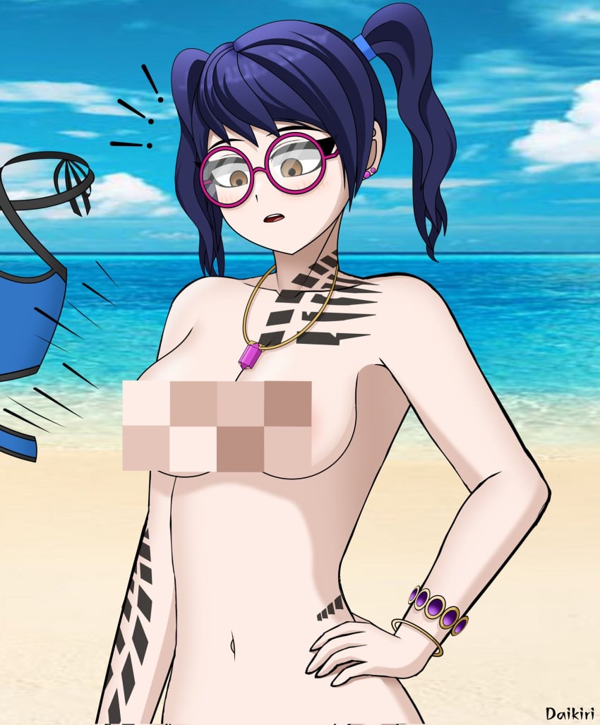 ! !!! 1girls accessory armpit beach blue_hair blush breasts breasts_exposed censored censored_breasts collar collarbone commission completely_nude completely_nude_female crystal_(fortnite) daikiri_di_mon disappearing_clothes embarrassed_nude_female enf fortnite fortnite:_battle_royale glasses glasses_only hand_on_hip looking_down lost_clothes medium_breasts navel nude nude_female ocean perfect_breasts ponytail ponytails public_nudity sand scuba_crystal_(fortnite) seaside stolen_bikini stolen_swimsuit surprised tattoo tattoos twintails twitter