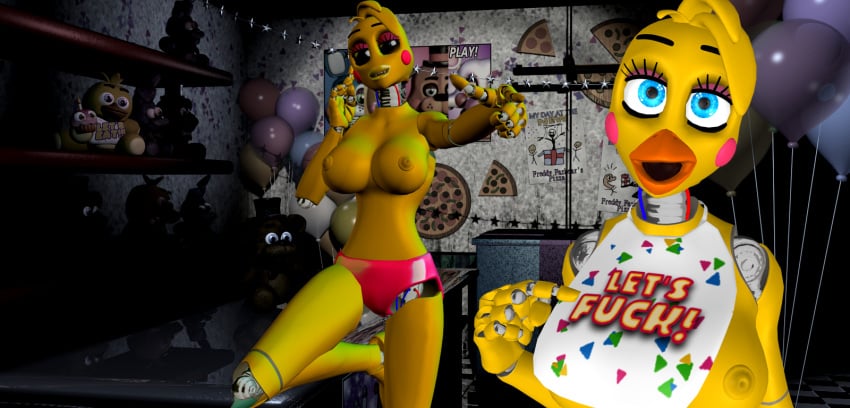 animatronic anthro avian beak bib bird blue_eyes blush breasts chica_(disembowell) chicken clothing disembowell_(artist) eyelashes eyes female five_nights_at_freddy's five_nights_at_freddy's_2 looking_at_viewer machine mechanical nipples open_eyes panties robot solo tits toy_chica_(fnaf) underwear