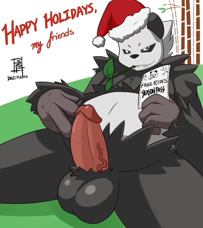 2014 balls christmas_hat erection fur hat looking_at_viewer male male_only nintendo nude overweight packmind pangoro penis pokemon signature solo submissive_pov text vein veiny_penis video_games