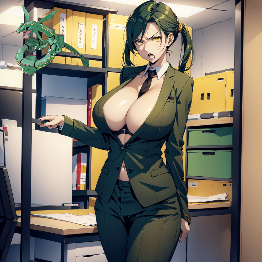 ai ai_generated curvy electabuzz green_hair huge_breasts humanization nintendo office office_lady pokemon pokewomen rayza standing suit twintails yellow_eyes