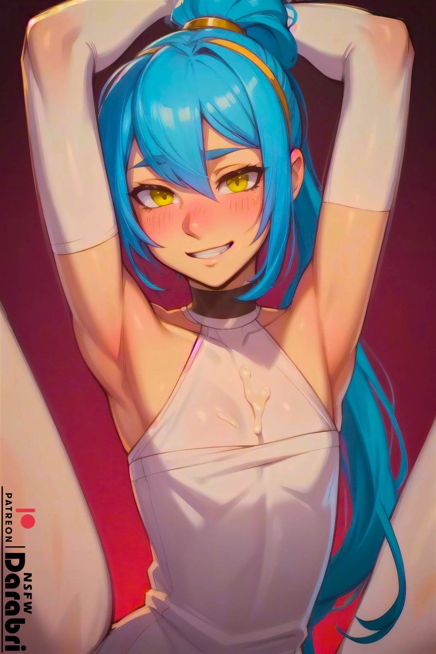 1boy abstract_background ai_generated androgynous anime armpits arms_up blue_hair blush candy_blue_hair color colored cum cum_on_upper_body darabri detached_sleeves dress femboy feminine_male flat_chest flushed girly gradient_background hairband logo long_hair open_smile otoko_no_ko patreon patreon_logo petite petite_body ponytail pov pov_eye_contact rimuru_tempest slim solo that_time_i_got_reincarnated_as_a_slime thin_waist tied_hair trap watermark white_dress yellow_eyes