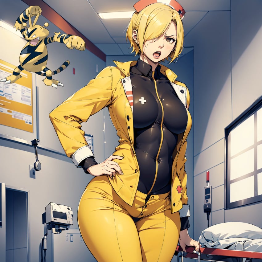 ai ai_generated black_eyes blonde_hair curvy electabuzz electra hair hospital humanization nintendo nurse nurse_outfit pokemon pokewomen short standing wide_hips