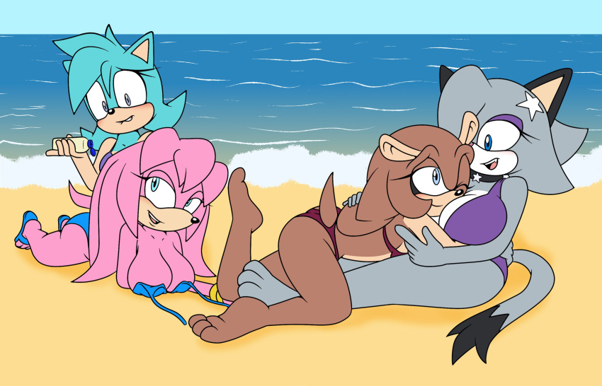 armadillo beach bikini bikini_top_removed brown_body cat_tail cyan_body echidna face_in_breasts fan_character grey_body large_breasts nervous_smile oc pink_body sonic_(series) sonic_the_hedgehog_(series) sonicguru sunscreen yuri