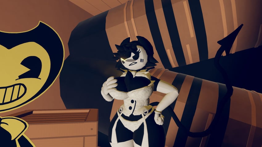 bendy bendy_and_the_ink_machine bendy_fem bendy_the_dancing_demon blush bowtie breasts cartoon cartoon_eyes cutout darling_(cally3d) demon devil devil_horns devil_tail female fur gloves glowing_eye hair hair_over_one_eye huge_ass huge_breasts panties rec_room shy