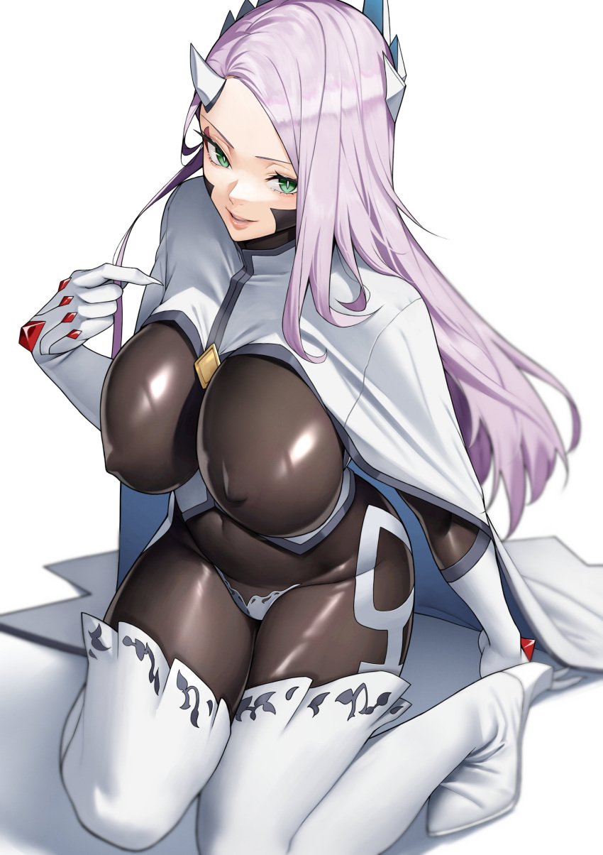 cape green_eyes horns large_breasts long_hair mato_seihei_no_slave nipples nipples_visible_through_clothing slit_pupils white_hair yoshi55level yoshio_(55level) yuno_naon