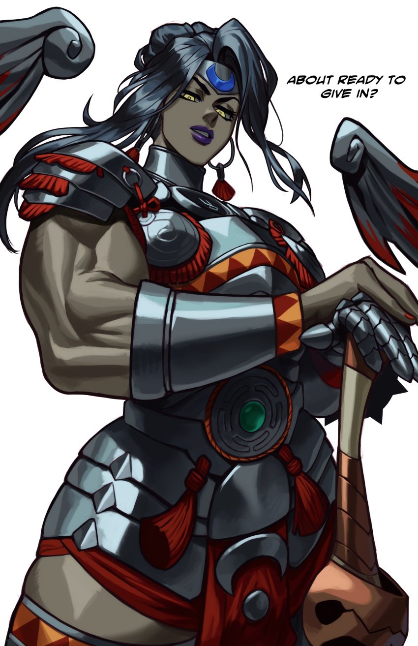 1girls absurd_res armor black_hair dialogue english_text female female_only hades_(game) hades_2 long_hair looking_at_viewer muscular muscular_female narrowed_eyes nemesis_(hades) purple_lipstick solo sotcho talking_to_viewer viewed_from_below white_background yellow_eyes