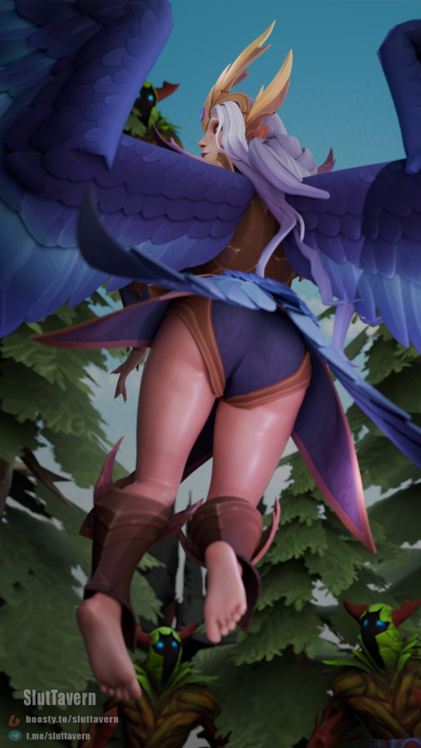 3d armor armored_female armpits arms_behind_head ass blender blender_(software) blender_cycles cloud clouds creep_(dota_2) crown dota_2 feathered_wings feathers feet female female_focus female_only flying foot_fetish forest forest_background jungle sluttavern thighs vengeful_spirit white_hair wings