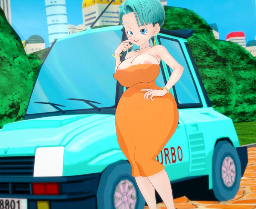 3d areolae blue_hair blush breast_veins bul bulma_briefs bulma_briefs_(end_of_dbz) closed_eyes dragon_ball dragon_ball_z koikatsu large_breasts large_nipples milf orange_dress strapless_dress thick_thighs