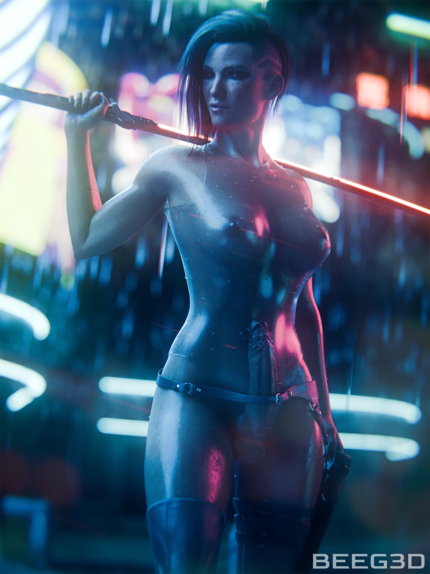 3d beeg3d cd_projekt_red cyberpunk_2077 futa_only futanari holster katana latex latex_bodysuit latex_clothing nipples nipples_visible_through_clothing pinup raining see-through see-through_clothing solo solo_focus solo_futa v_(cyberpunk_2077) valerie_(cyberpunk_2077) wet wet_skin