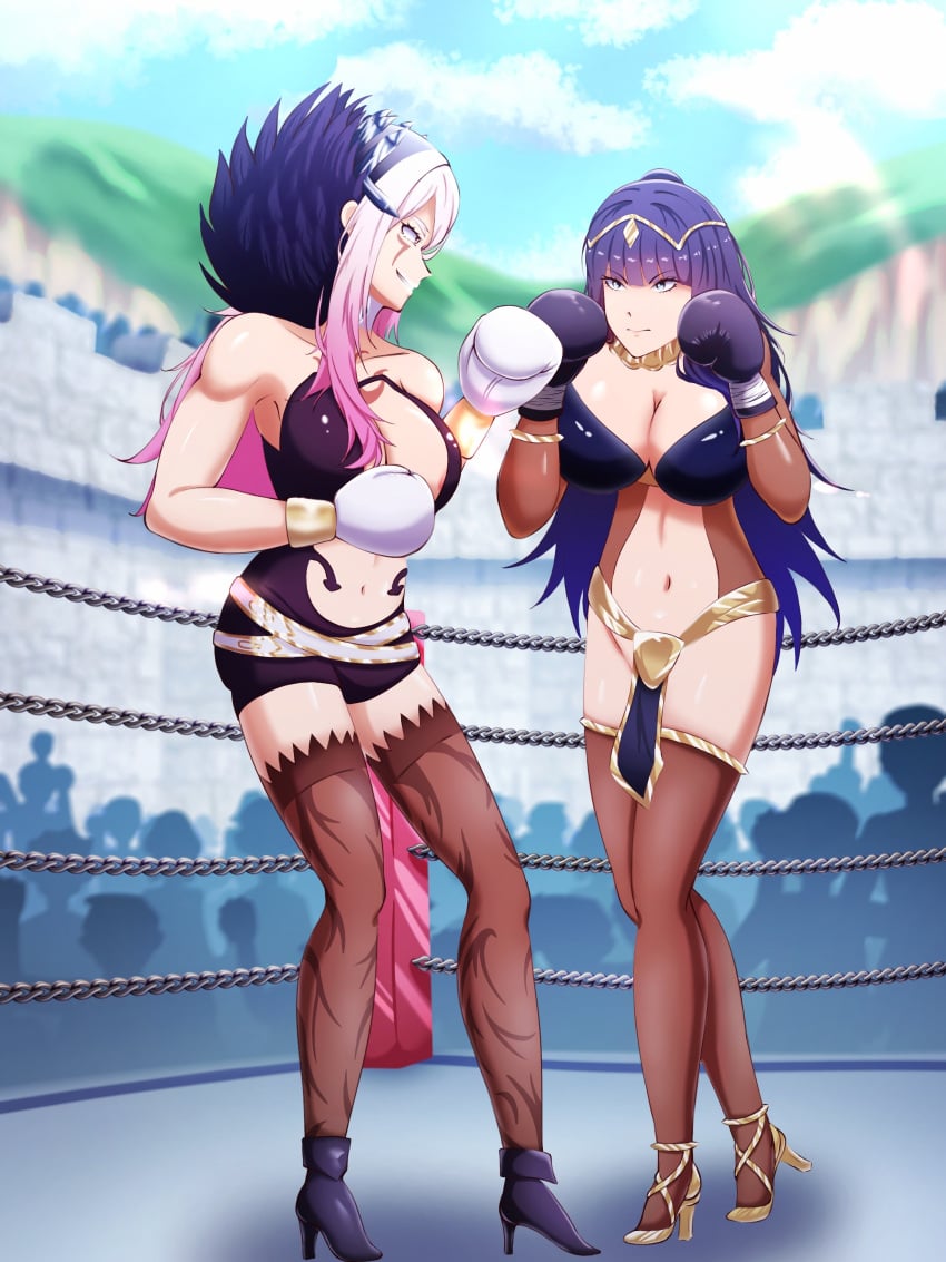 2girls adapted_costume alternate_costume alternate_version_available areola_slip areolae ass audience aversa_(fire_emblem) bangs bare_arms bare_midriff bare_shoulders bare_thighs big_ass black_boxing_gloves black_gloves black_hair blue_eyes blue_hair bodystocking boxing boxing_gloves boxing_ring breasts brown_eyes castle catfight center_opening chest_tattoo cleavage collarbone confident day dress duo facial_mark facial_tattoo feathers female female_focus female_only fembox_collect fight fighting_ring fire_emblem fire_emblem_awakening frown gloves gradient_hair grey_hair grin headwear high_heels large_breasts light-skinned_female light_skin lipstick long_hair midriff multicolored_hair multiple_girls navel nintendo outdoors part_of_a_set pelvic_curtain pink_hair purple_hair shoulders smile smug tattoo tharja_(fire_emblem) thighhighs thighs very_long_hair white_boxing_gloves white_gloves white_hair white_lips white_lipstick yuri