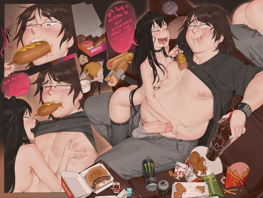 1boy 1girls 7-eleven black_hair brown_hair chubby cock_out dunkin'_donuts fat_man feederism feeding female food glasses grinding_on_leg hot_dog kfc lacryboy mcdonald's monster_can monster_energy skinny_girl stomach_grab