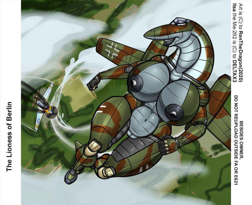 aeromorph aircraft anthro big_breasts blue_eyes breasts female female_only genitals huge_breasts ilsa_von_schaff living_aircraft living_machine me_262 nipples nude original original_character pussy renthedragon solo thick_thighs wide_hips