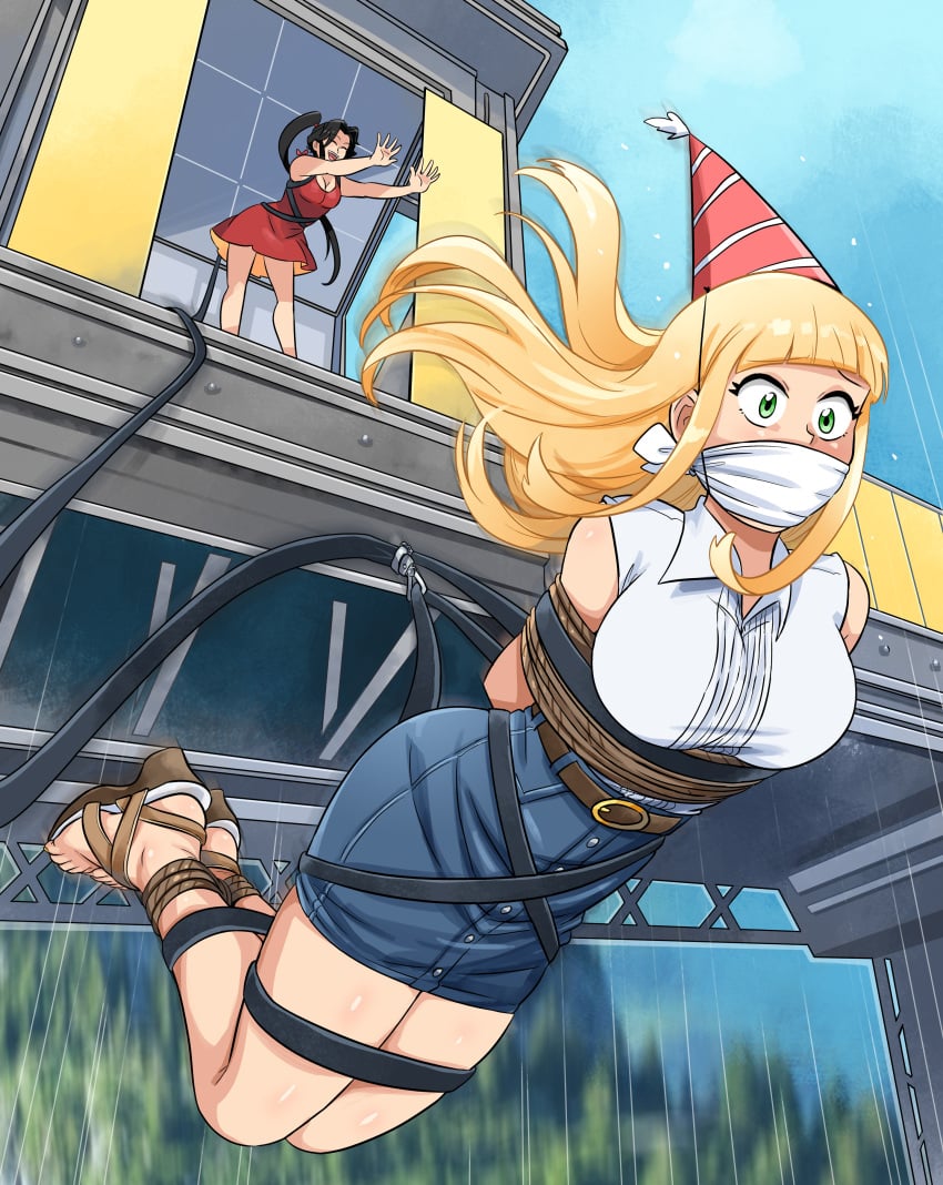 2girls blonde_hair blunt_bangs bound bungee_jumping gag gagged green_eyes lostonezero original over_the_nose_gag
