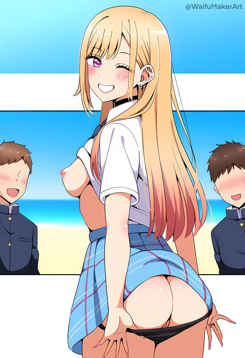 1girls 2boys 2boys1girl ai_generated ass ass_focus beach black_panties blonde_hair blush breast breasts breasts_out female hand_on_panties kitagawa_marin male medium_breasts neck_bell nipples one_eye_closed panties_down pussy school_uniform shirt_lift shirt_up skirt skirt_lift smile smiling smiling_at_viewer sono_bisque_doll_wa_koi_wo_suru tits_out waifumakerart